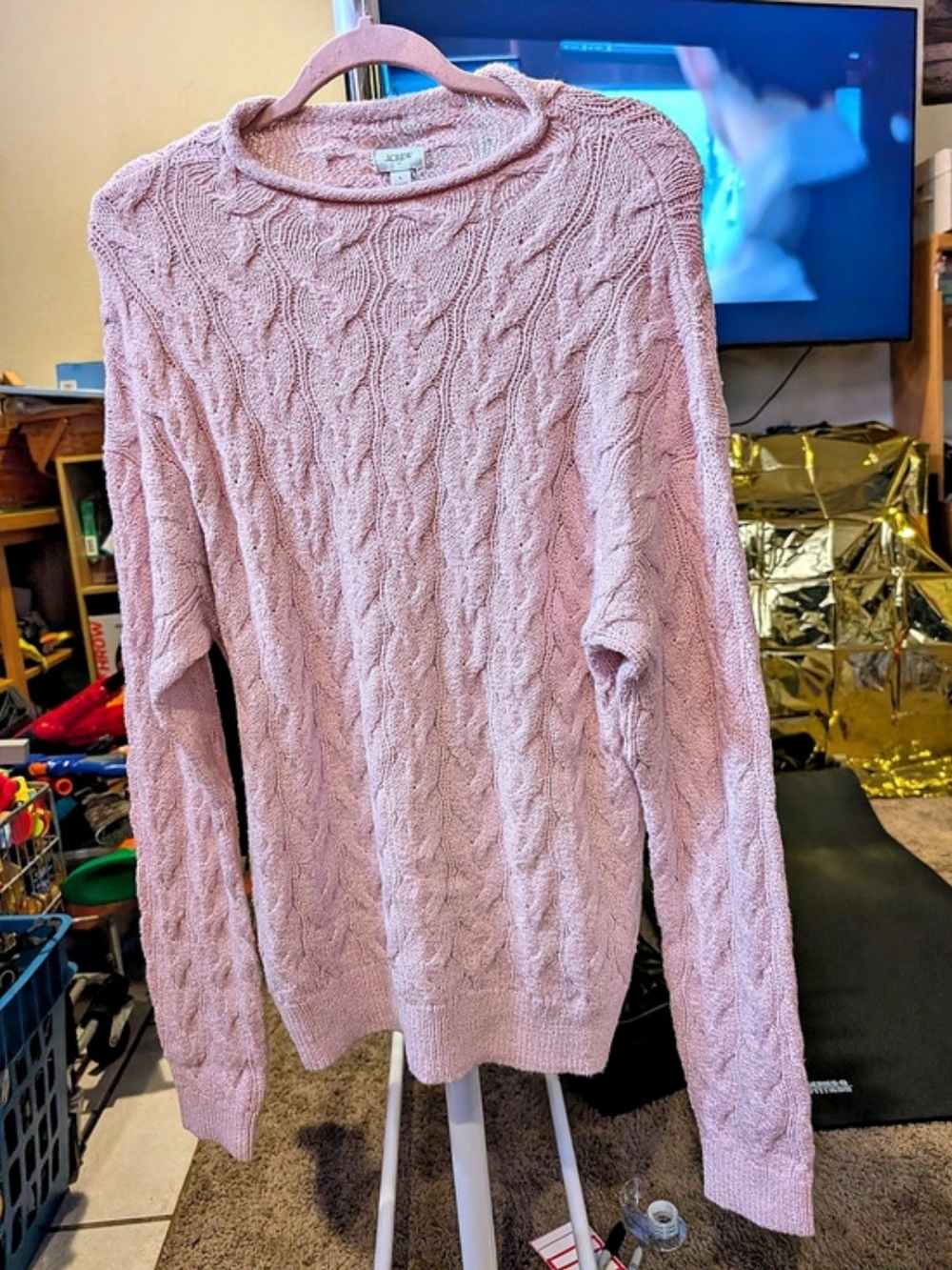 J.Crew Cable Knit Crewneck Sweater in Pink Size Large